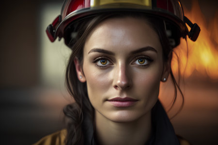 Portrait of a female firefighter wearing a helmet and looking at the cameraの素材