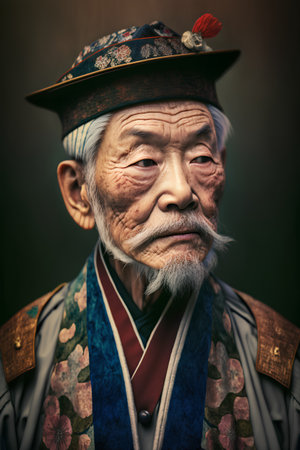 Portrait of an old asian man in traditional costume. Vintage style.の素材