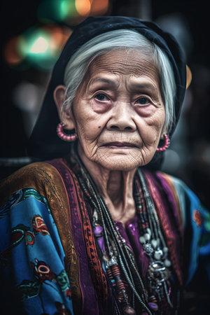 Old asian woman with long black hair wearing traditional clothes in the streetの素材