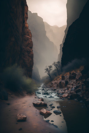 Foggy landscape in the desert of Zion National Park, Utah, USAの素材