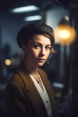 Portrait of a beautiful young woman in a beret and jacketの素材