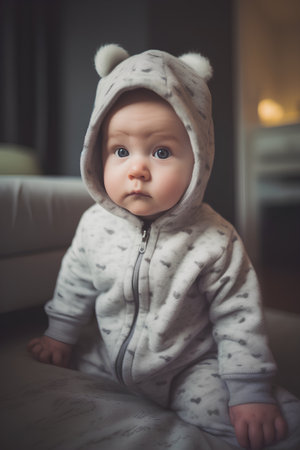 Portrait of a cute baby boy in a warm knitted sweaterの素材