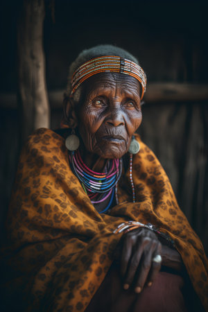Portrait of an old woman in the village of Masai Mara in Kenyaの素材