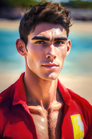 Portrait of a handsome young man on the beach in red shirtの素材