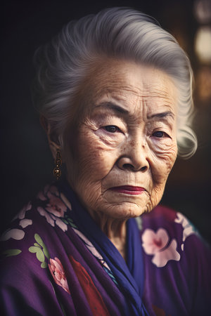 Portrait of an old Asian woman smiling at the camera in the garden.の素材