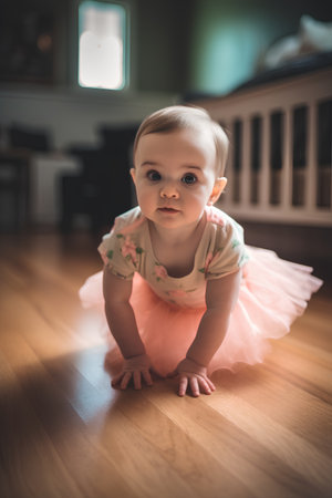 Cute little baby girl in pink dress sitting on the floor at homeの素材