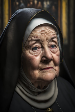 Portrait of an old nun in the church. Religion concept.の素材