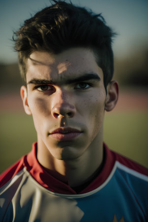 Portrait of a young soccer player on the field at sunset.の素材