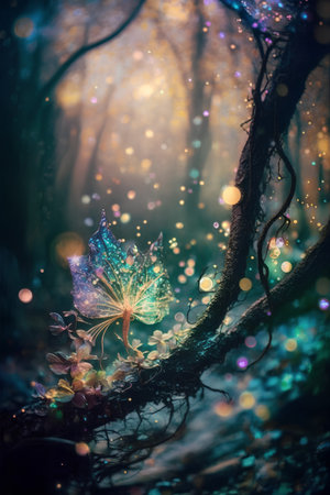 Beautiful butterfly in the magic forest. Fairy tale. Vintage style.の素材