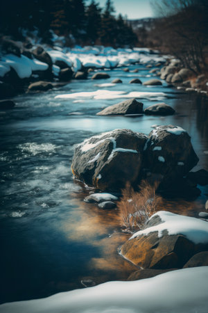 Stream in the winter forest. Beautiful winter landscape with a frozen river.の素材