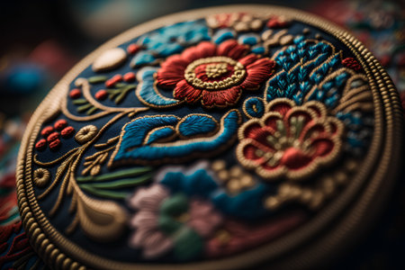 Colorful embroidery on the fabric. Close-up.の素材