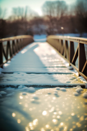 A frozen bridge in the middle of a snowy landscape. Selective focus.の素材