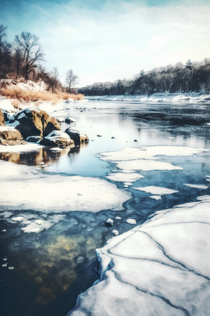 Beautiful winter landscape with frozen river and blue sky, retro tonedの素材