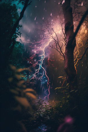 Falling rain and lightning in the night forest. 3D renderingの素材