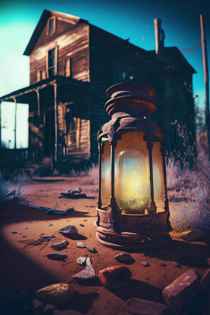 Lantern in the desert with an old house in the backgroundの素材