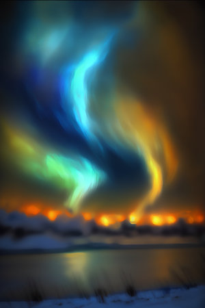 Northern lights in the night sky over the frozen lake. Vector illustration.の素材
