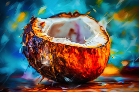 Coconut in water on a background of blue and orange colorsの素材
