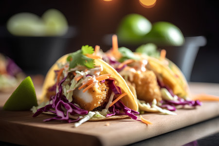 Mexican tacos with coleslaw and shrimp on black background.の素材