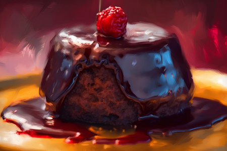 Chocolate cake with cherry on top, close-up, digital paintingの素材