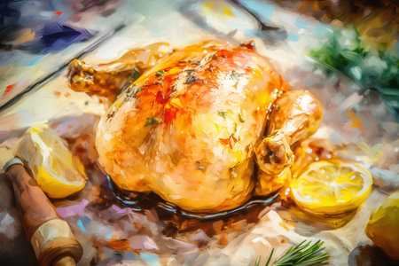 Baked chicken with lemon and herbs on a wooden board, oil paintingの素材