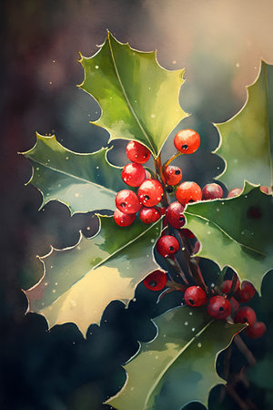 Digital painting of holly berry (Ilex aquifolium)の素材