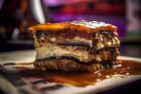 Traditional Italian lasagna with aubergine and tomato sauce on a white plateの素材