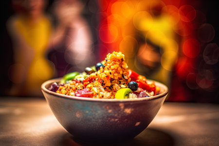 Bowl of delicious pilaf with colorful bokeh background.の素材