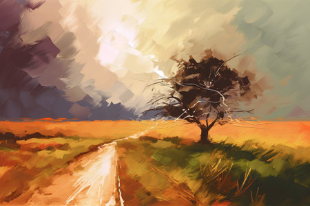 Landscape with a lonely tree on the road. Vector illustration.の素材