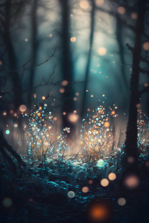 Foggy forest at night with glowing lights. Magical atmosphere.の素材