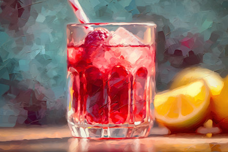 Cocktail with raspberries and lemon on a dark backgroundの素材