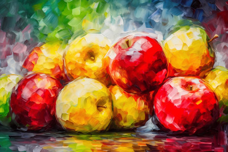 Digital painting of red and yellow apples on water surface. Abstract background.の素材