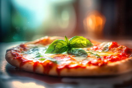 Pizza with mozzarella cheese and basil on a dark backgroundの素材