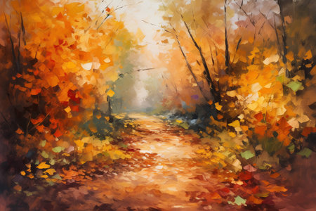 Autumn forest road with fallen leaves. Digital watercolor painting.の素材