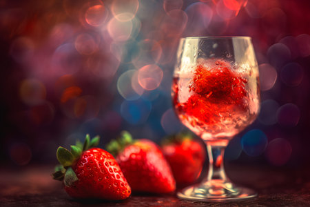 Strawberry in a glass of champagne on a bokeh backgroundの素材