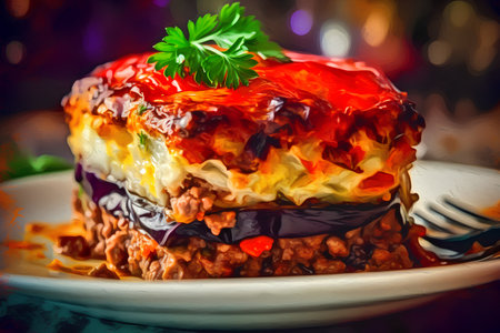 Vegetarian lasagna with minced meat, eggplant and tomatoes.の素材