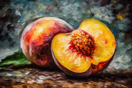 Oil painting of peaches. Illustration of a peach fruit.の素材
