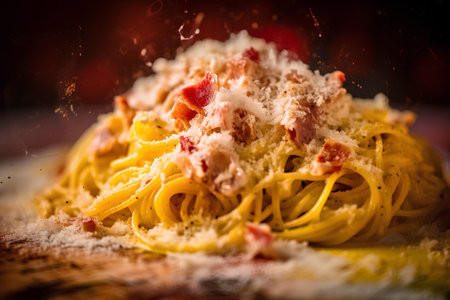 Spaghetti carbonara with bacon and parmesan cheese on wooden backgroundの素材