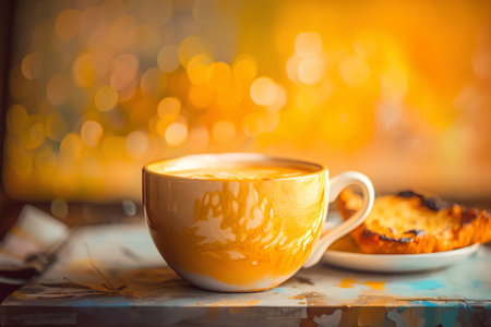 Cup of coffee with croissant on the background of bokehの素材
