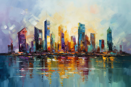 Abstract background with skyscrapers and reflection in water. Digital painting.の素材