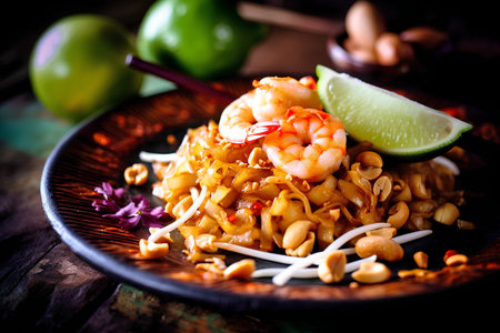 Thai food Pad thai with shrimp and peanuts on wooden backgroundの素材
