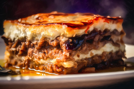 Close-up of a piece of lasagna on a plate.の素材