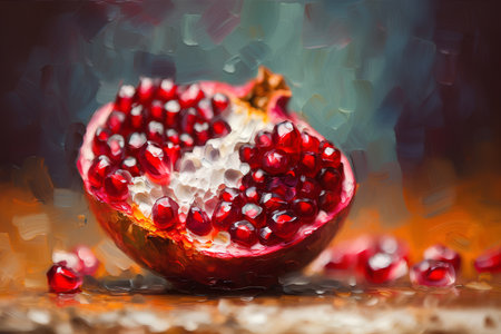 Pomegranate fruit with water drops on a dark background.の素材