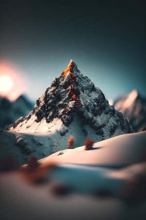 3D Rendering of a snow-capped mountain at sunsetの素材