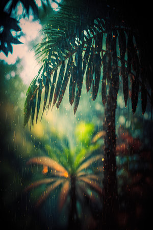 Rain drops falling on the palm tree in the rain, vintage toneの素材