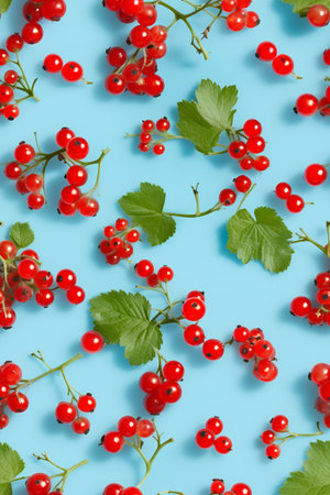 Red currant with leaves on blue background. Flat lay, top viewの素材