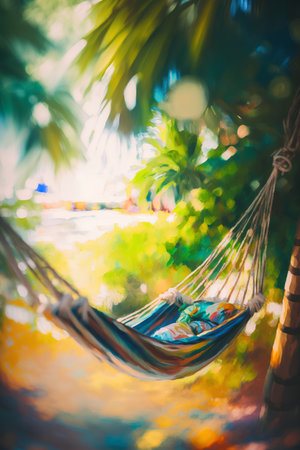 Hammock in tropical garden - Vintage filter and soft focus effectの素材