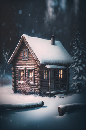 Small wooden house in the snowy forest. Christmas background. Toned.の素材