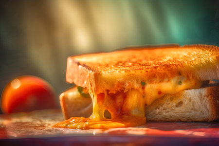 Sandwich with tomato sauce and cheese on a dark background. Toned.の素材