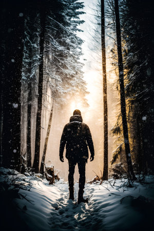 Man walking in winter forest with snow covered trees and rays of sunlight.の素材