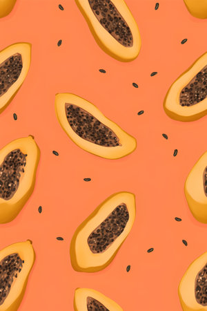 Seamless pattern with papaya fruit and seeds on orange backgroundの素材